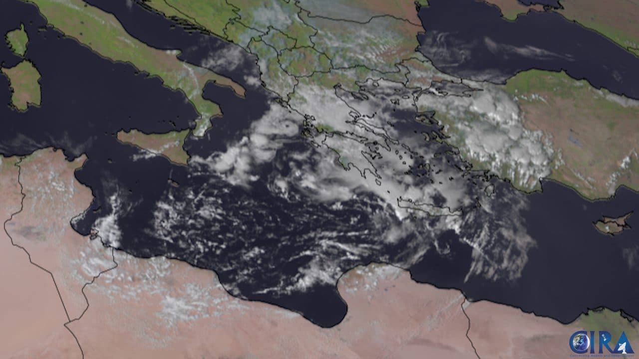 heavy rain Greece — φωτογραφία αρχείου · Meteosat imagery: CSU/CIRA & EUMETSAT / Public domain, μέσω Wikimedia Commons